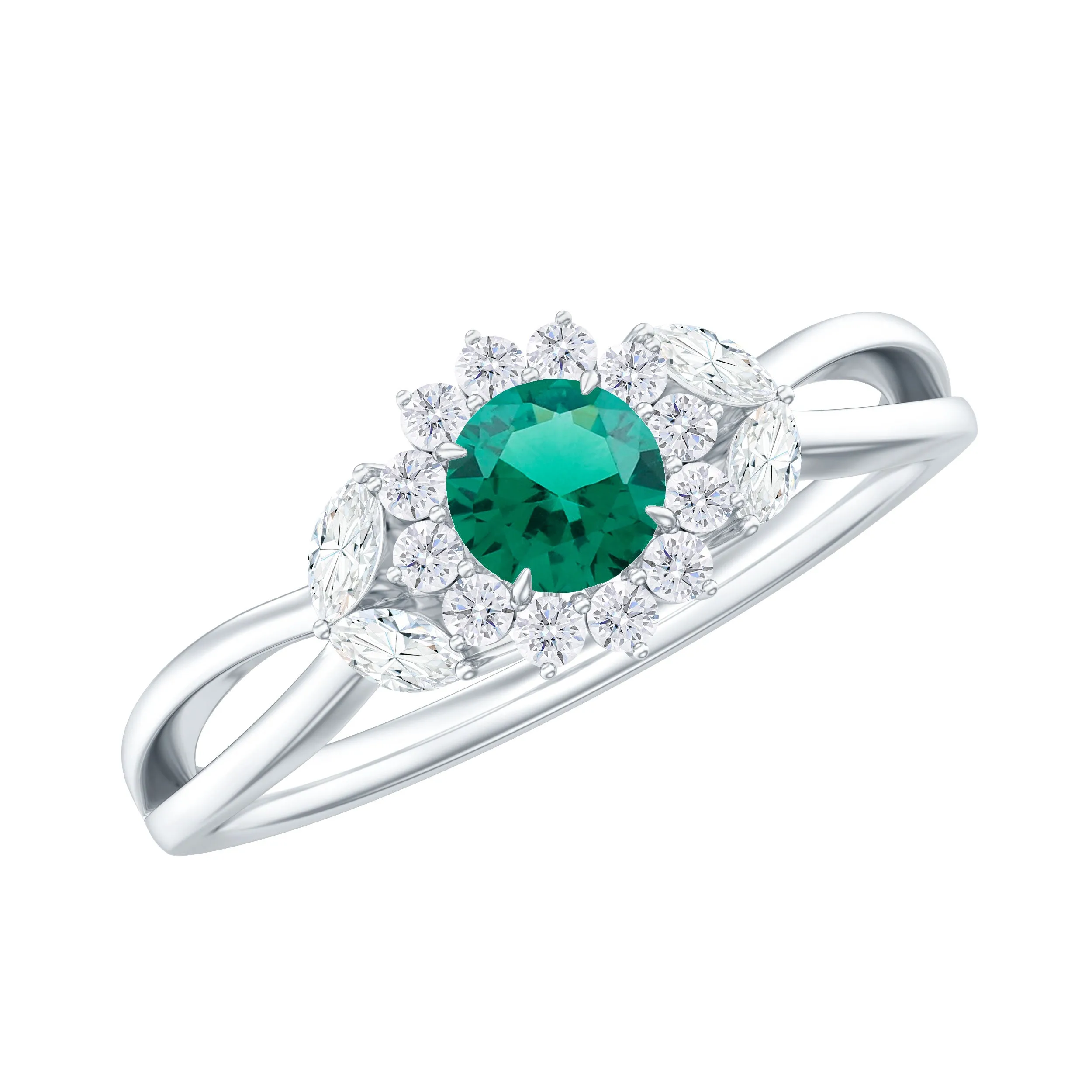 Created Emerald and Diamond Flower Engagement Ring in Split Shank