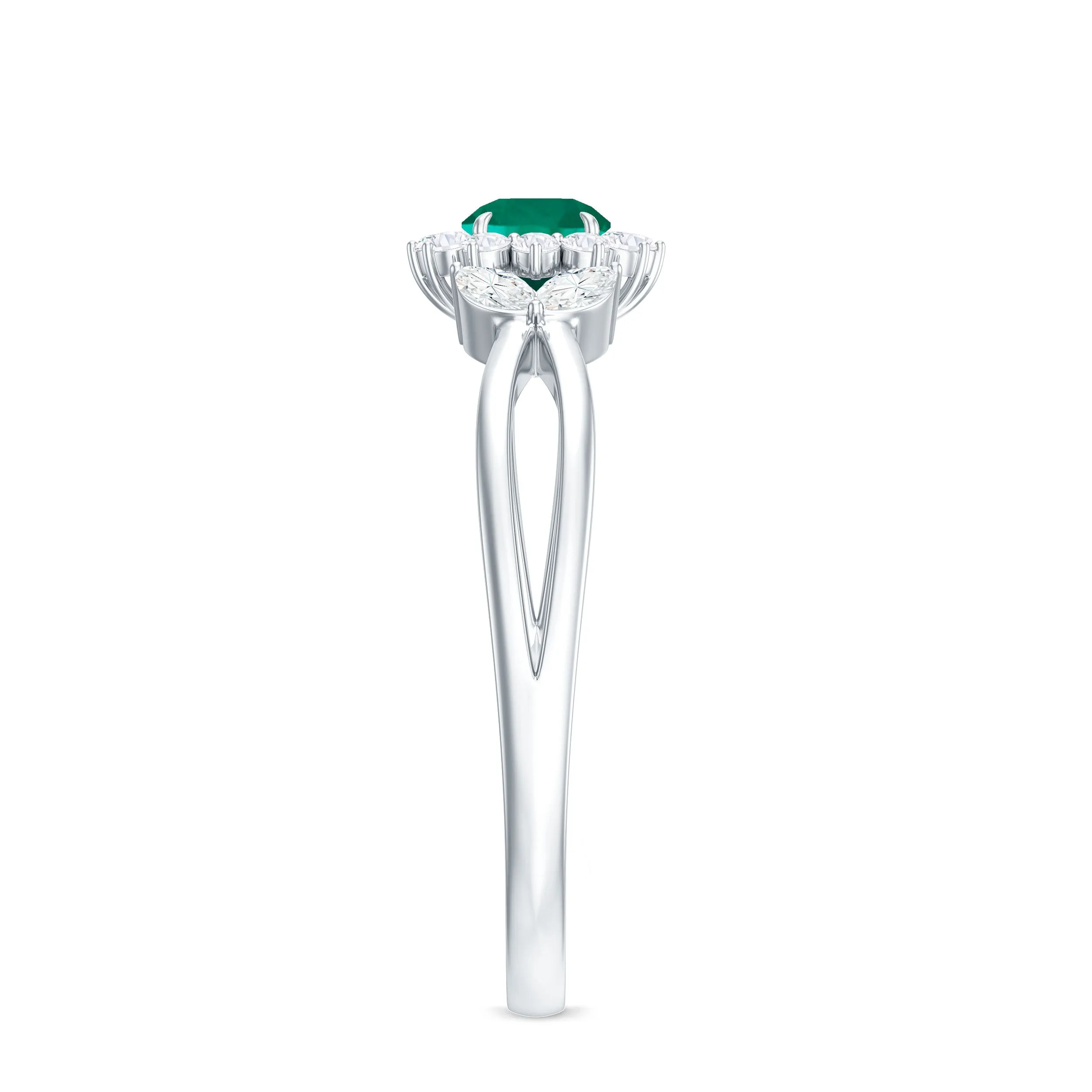 Created Emerald and Diamond Flower Engagement Ring in Split Shank