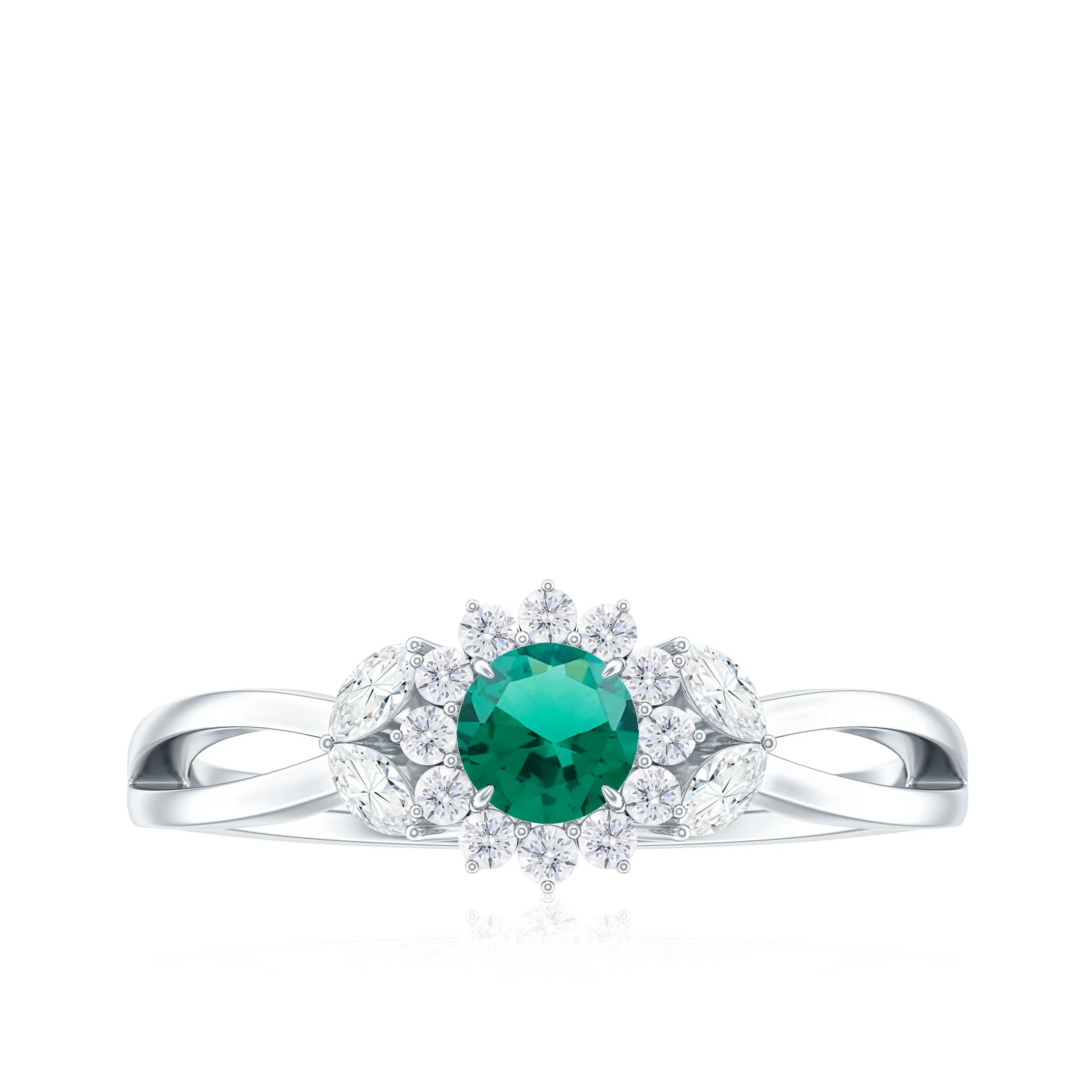 Created Emerald and Diamond Flower Engagement Ring in Split Shank