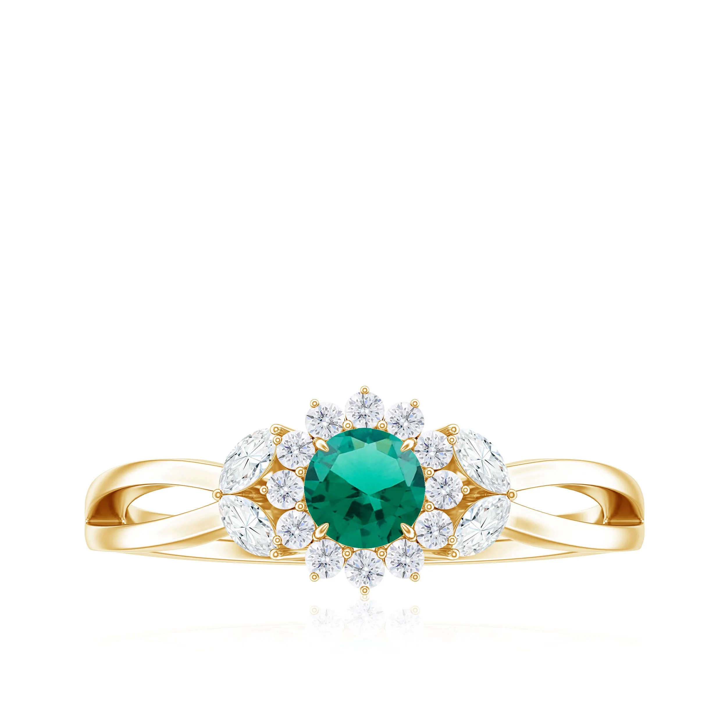 Created Emerald and Diamond Flower Engagement Ring in Split Shank