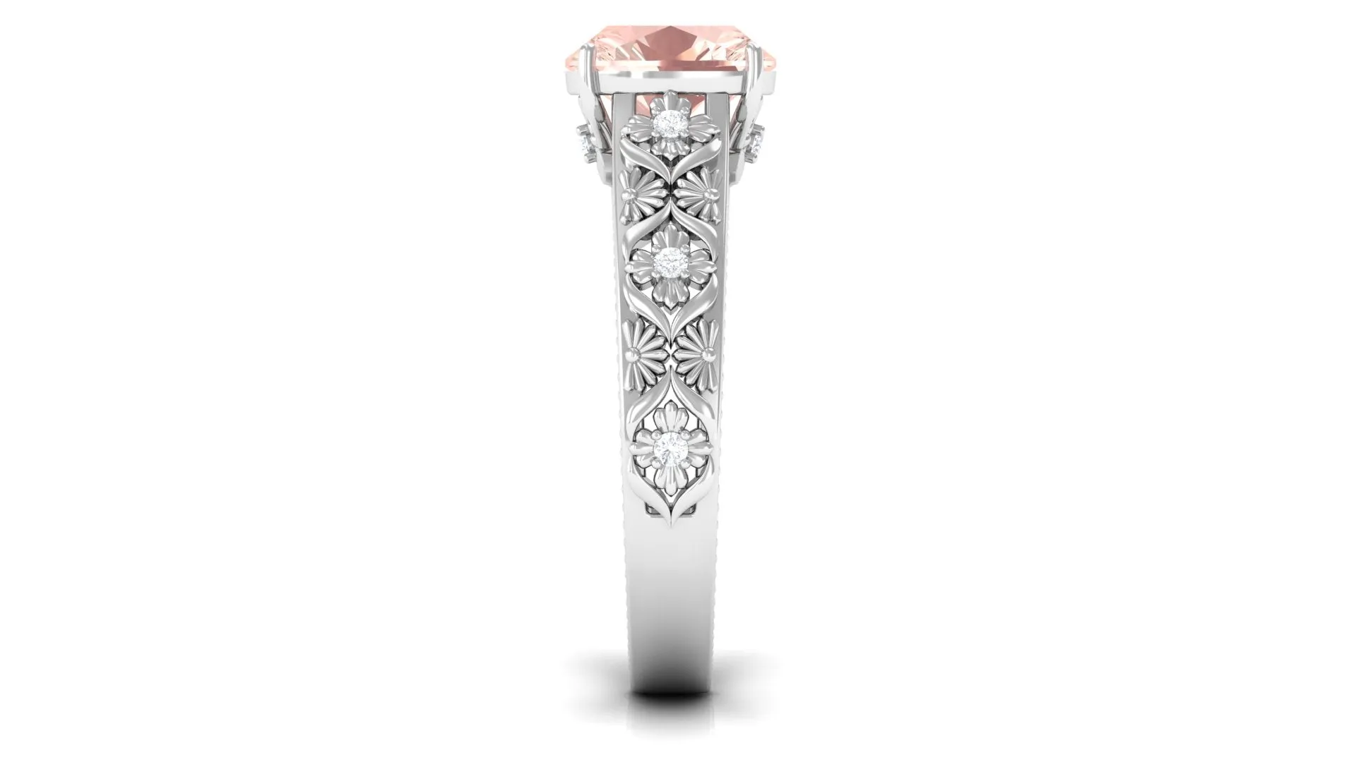 Cushion Cut Solitaire Morganite Floral Engagement Ring with Diamond