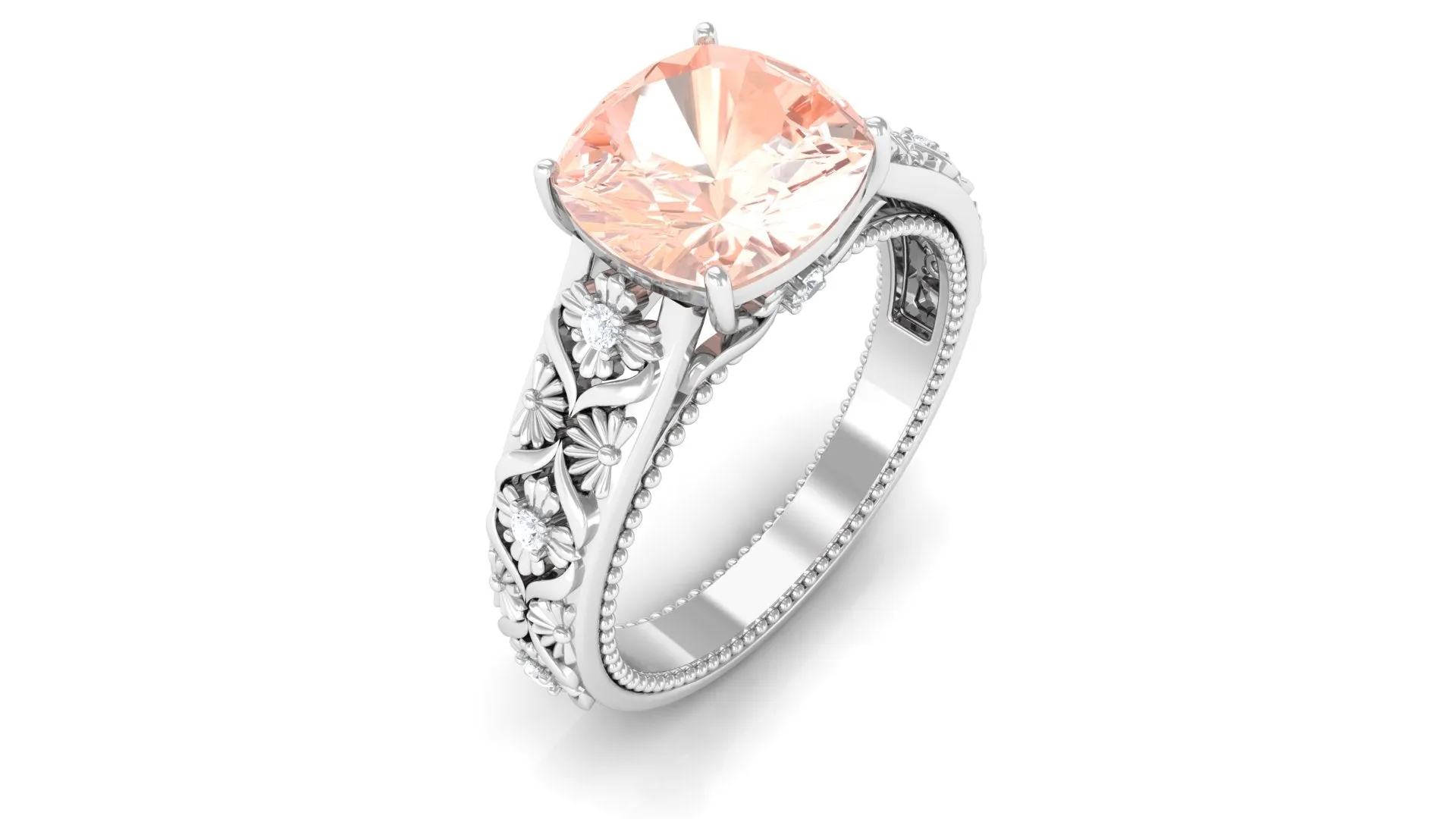 Cushion Cut Solitaire Morganite Floral Engagement Ring with Diamond