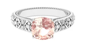 Cushion Cut Solitaire Morganite Floral Engagement Ring with Diamond