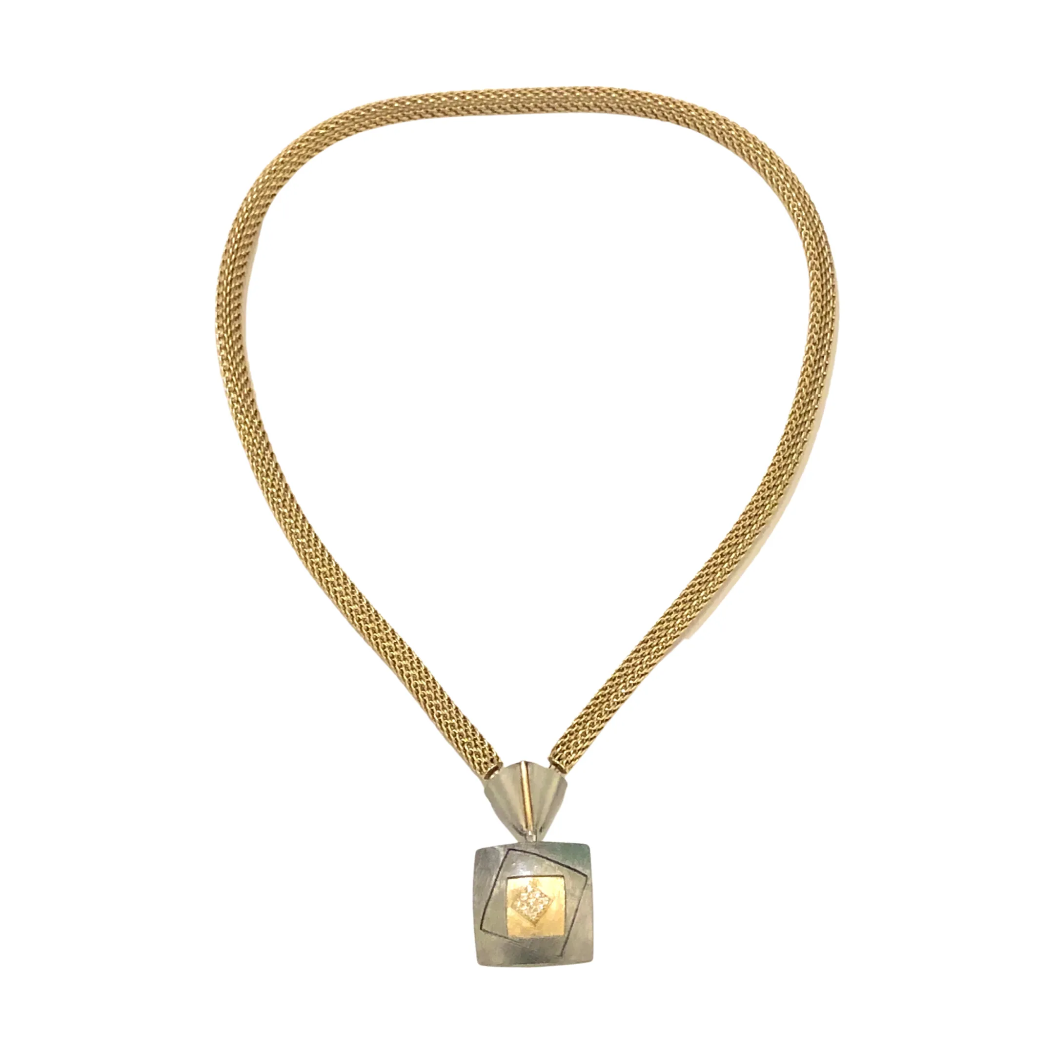 Diamond Square Pendant with Triangular Steel Connector on 18" Gold Mesh Chain