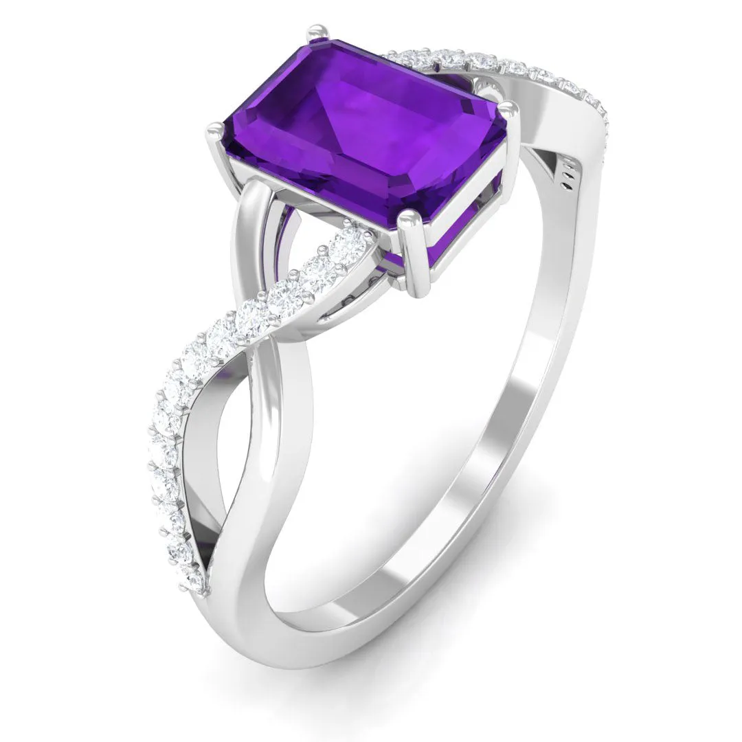 Emerald Cut Amethyst and Diamond Infinity Engagement Ring