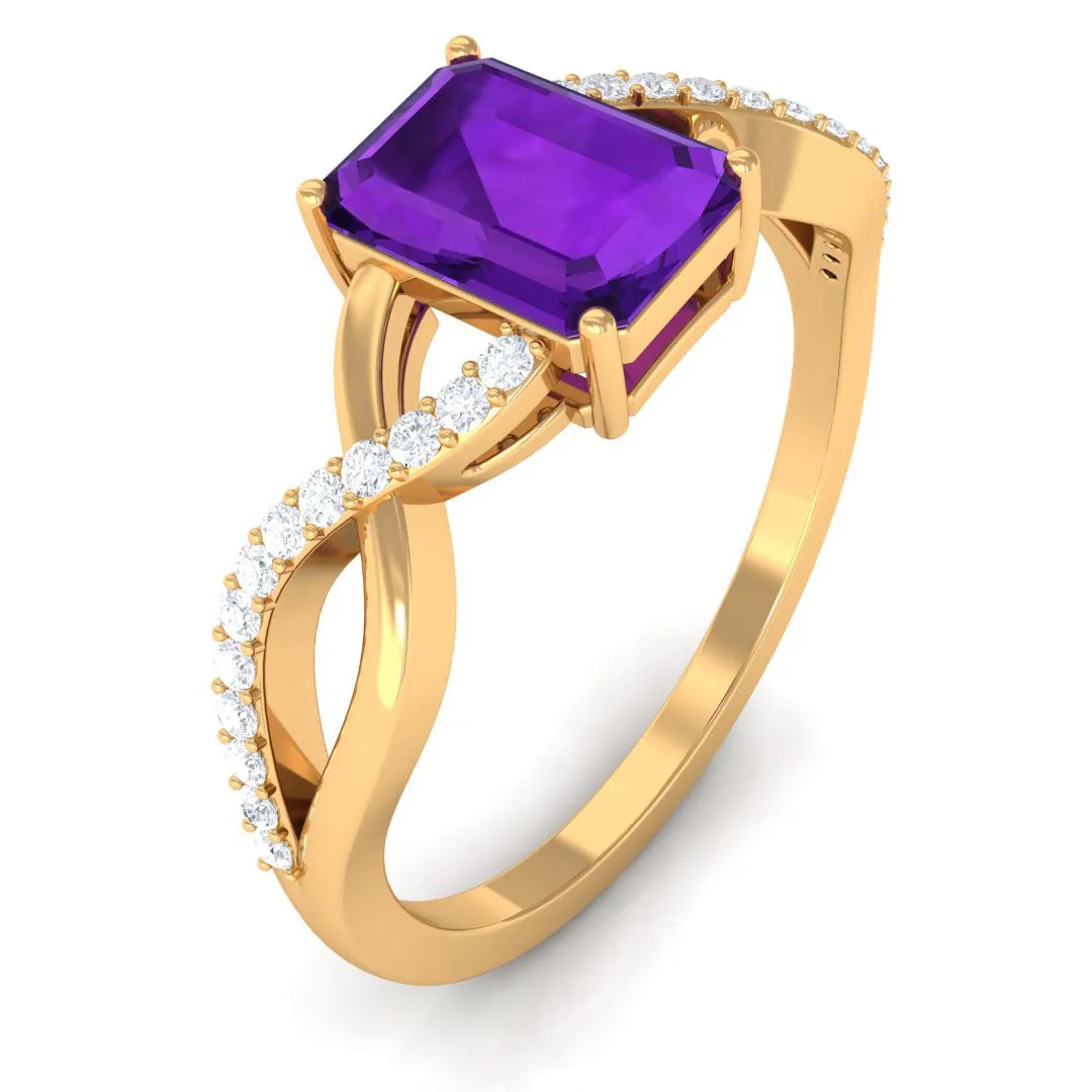 Emerald Cut Amethyst and Diamond Infinity Engagement Ring