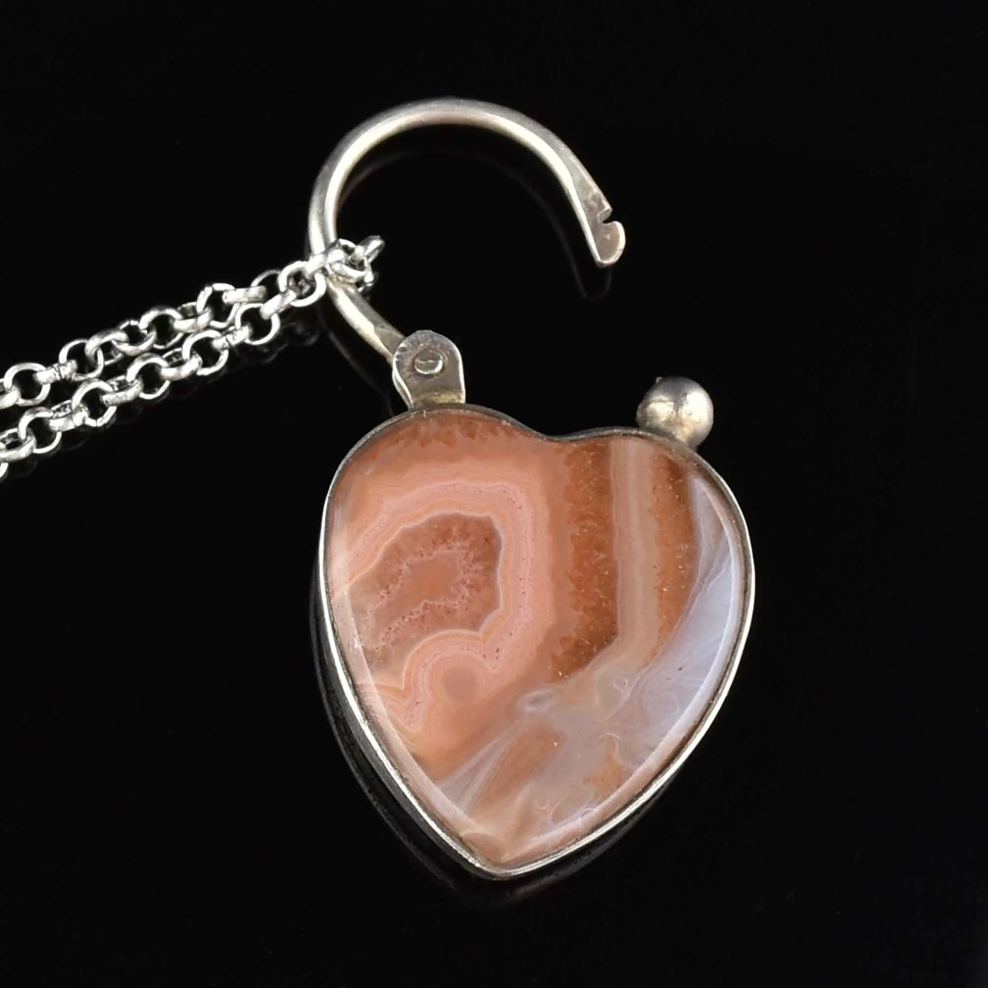 Engraved Silver Agate Heart Padlock Pendant Necklace