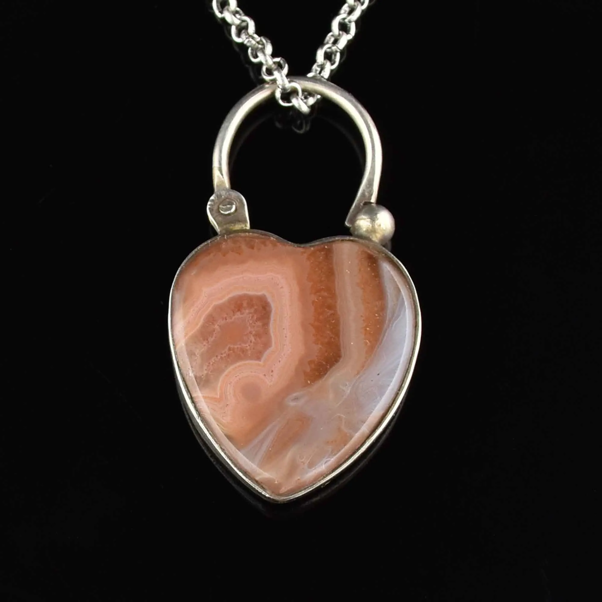 Engraved Silver Agate Heart Padlock Pendant Necklace