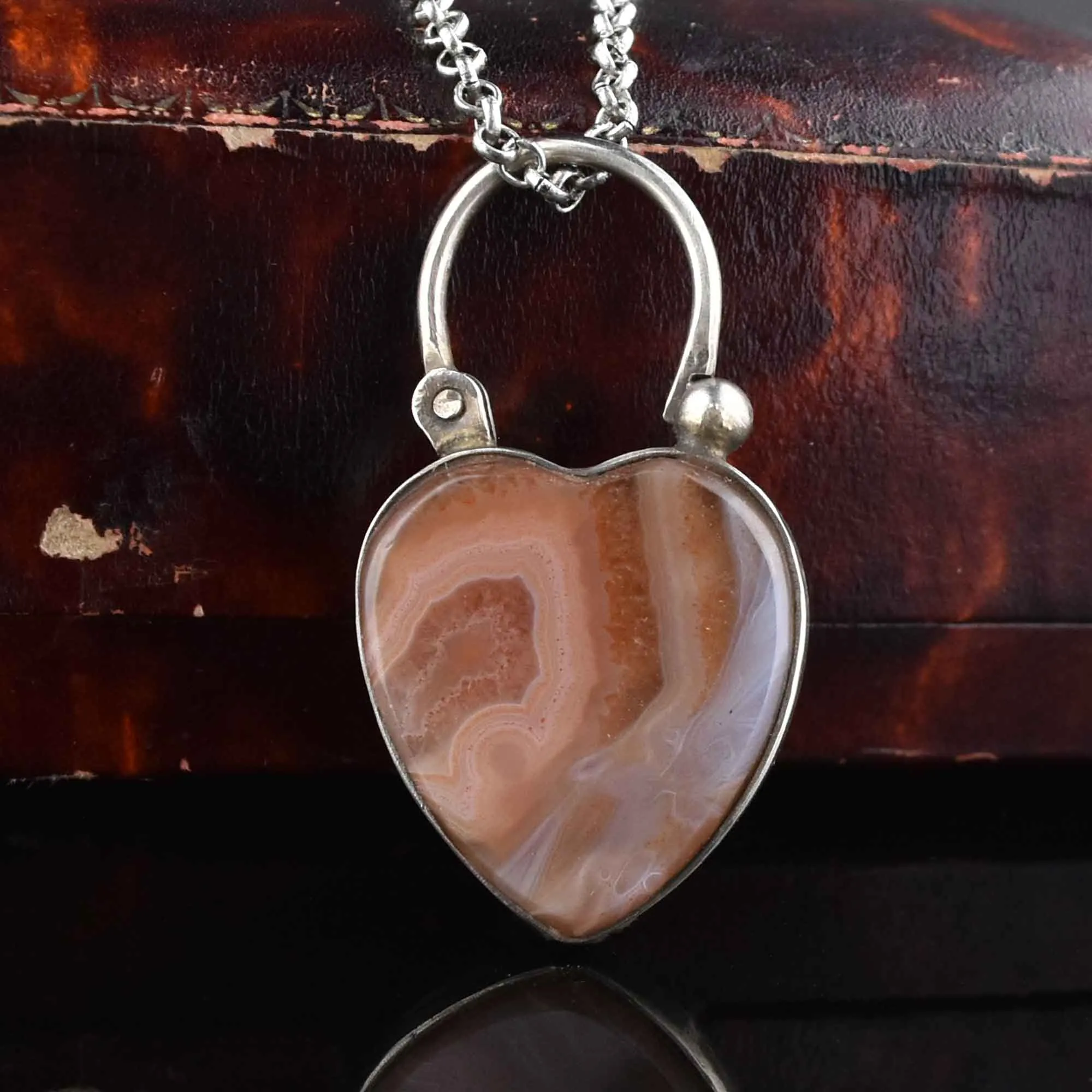 Engraved Silver Agate Heart Padlock Pendant Necklace