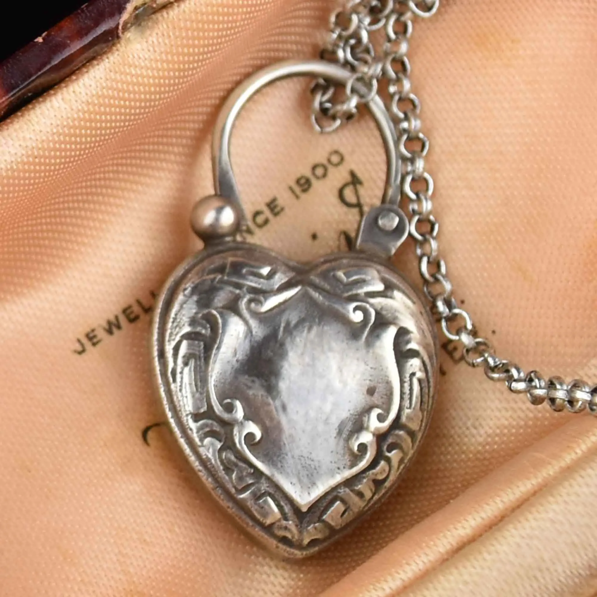 Engraved Silver Agate Heart Padlock Pendant Necklace