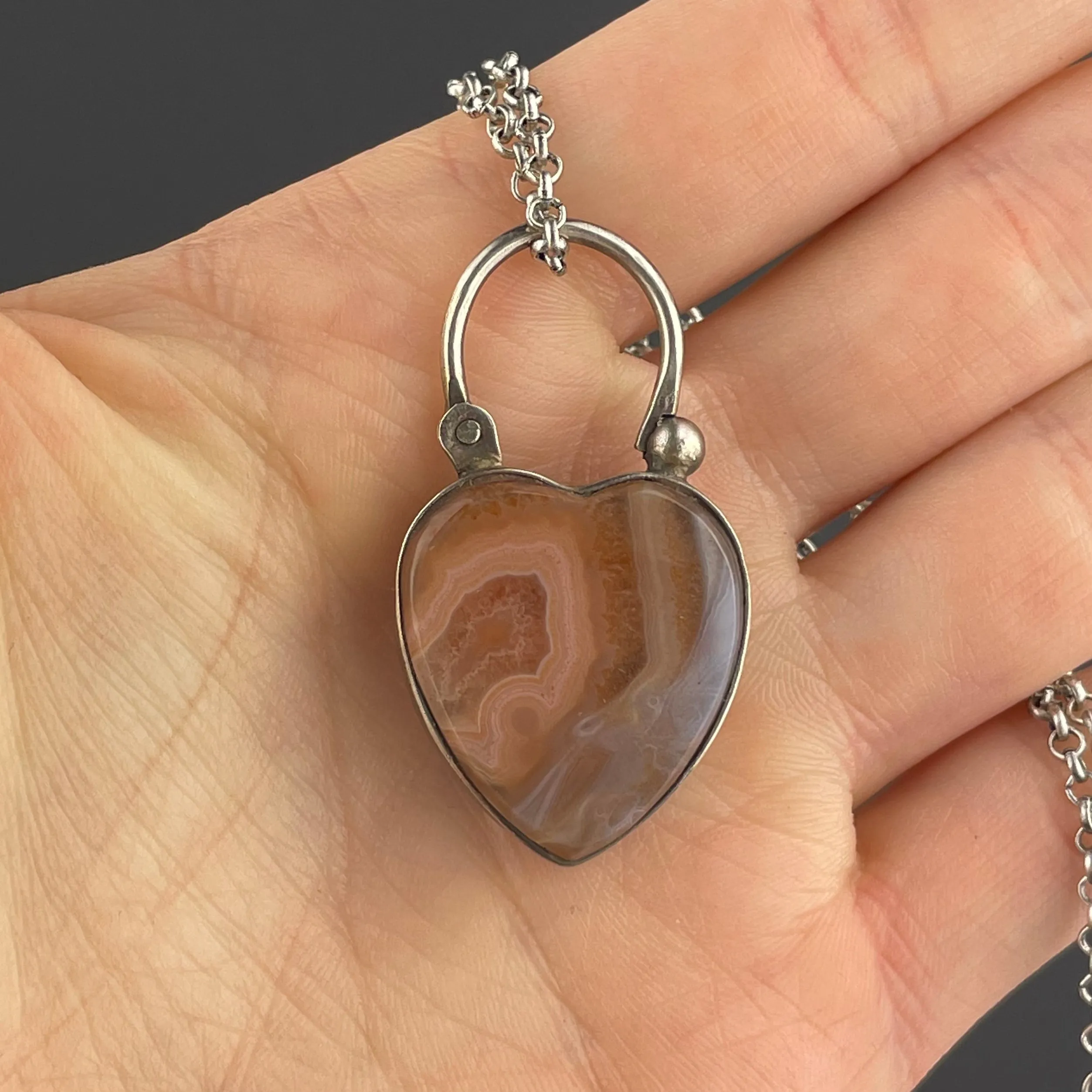 Engraved Silver Agate Heart Padlock Pendant Necklace