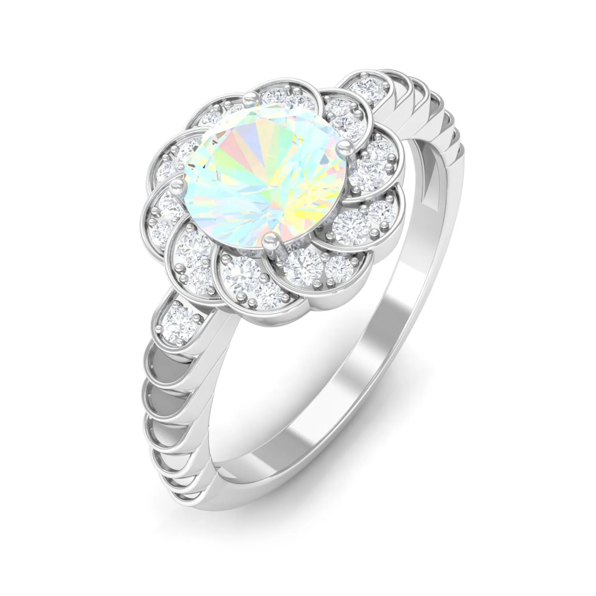 Ethiopian Opal and Diamond Flower Engagement Ring