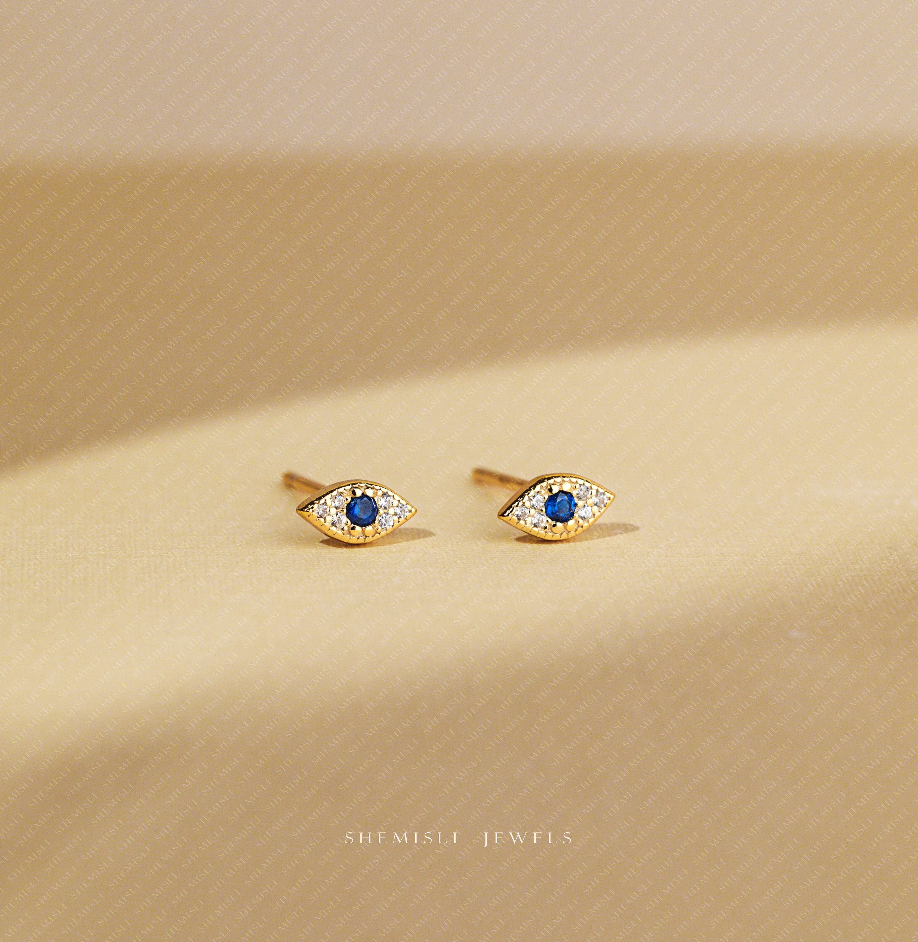 Evil Eye CZ Studs Earrings, Protection Studs, Unisex, Gold, Silver SHEMISLI SS048 Butterfly End, SS972 Screw Ball End (Type A)