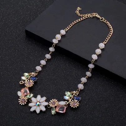 Fathion Zinc Alloy E-Plating Diamante Flowers Necklace