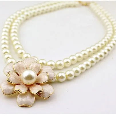 Flower Pendant Women's Necklace Double Layers Pearl