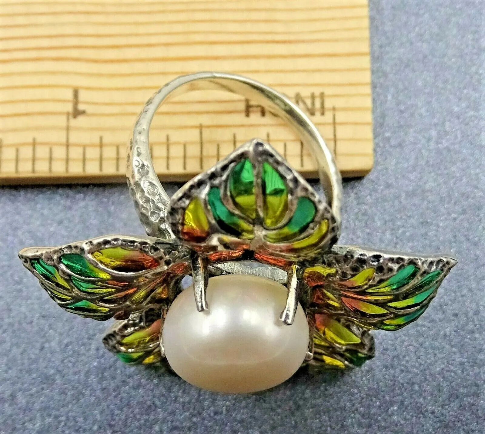 Freshwater Pearl & Stained Glass Flower 925 Sterling Silver Ring