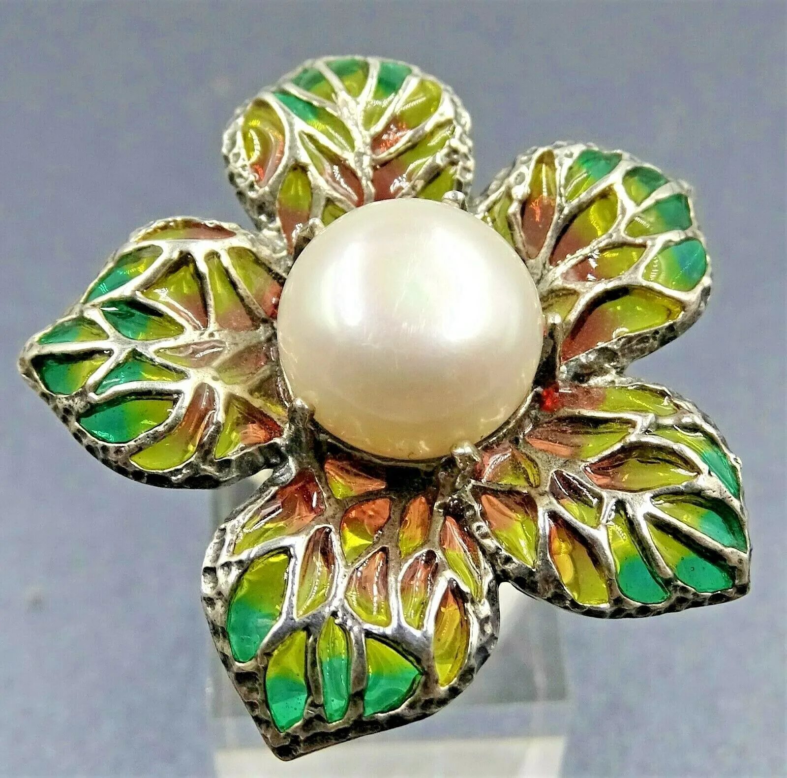 Freshwater Pearl & Stained Glass Flower 925 Sterling Silver Ring