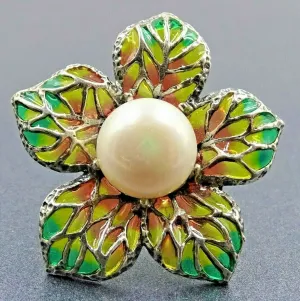 Freshwater Pearl & Stained Glass Flower 925 Sterling Silver Ring