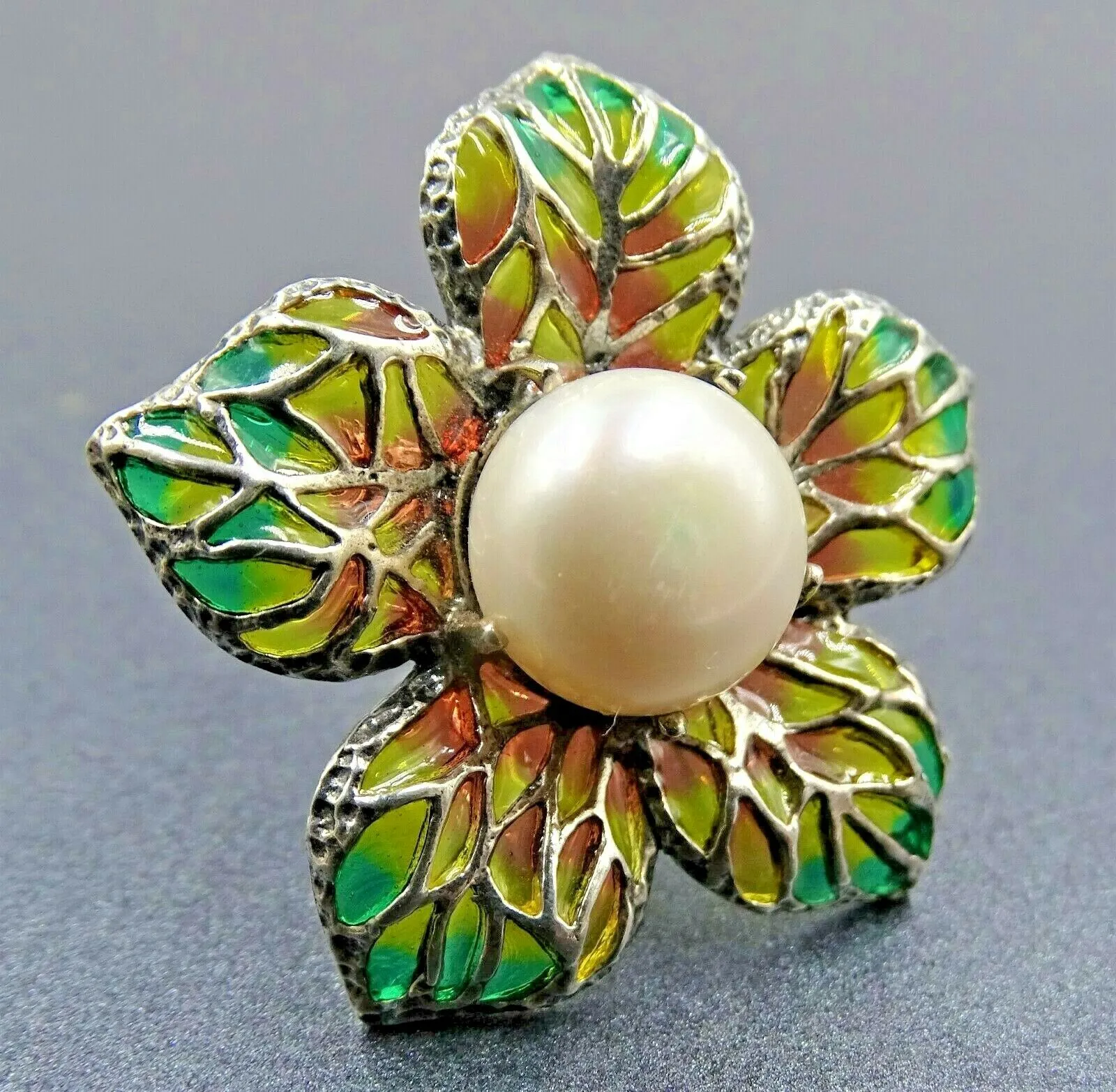 Freshwater Pearl & Stained Glass Flower 925 Sterling Silver Ring