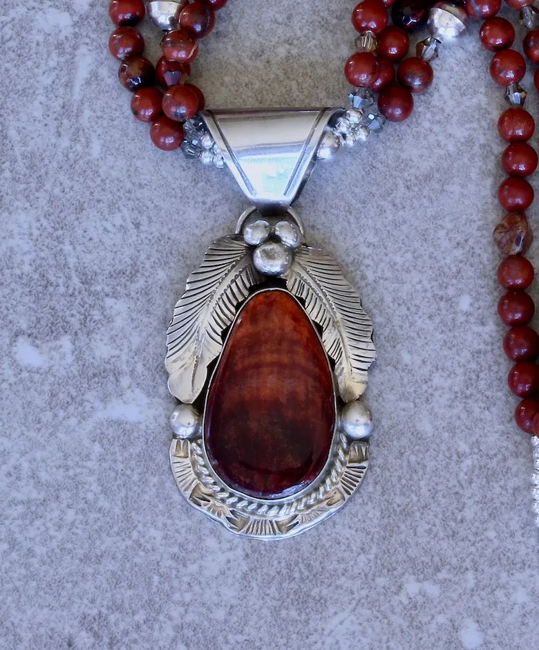 Gilbert Adakai Spiny Oyster Shell and Sterling Silver Pendant with 3 Strands of Red Agate Rounds, Red Tiger Eye Faceted Rounds, Czech Glass and Sterling Silver