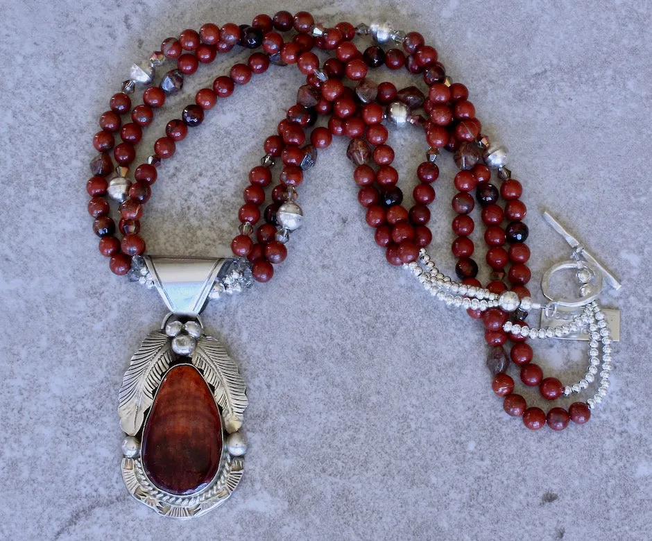 Gilbert Adakai Spiny Oyster Shell and Sterling Silver Pendant with 3 Strands of Red Agate Rounds, Red Tiger Eye Faceted Rounds, Czech Glass and Sterling Silver