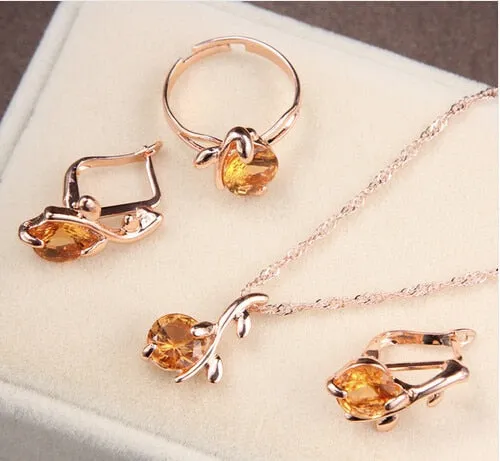 High Quality Elegant Gold Color Austrian Crystal Pendants Necklaces Earrings Bridal Jewelry Sets For Women