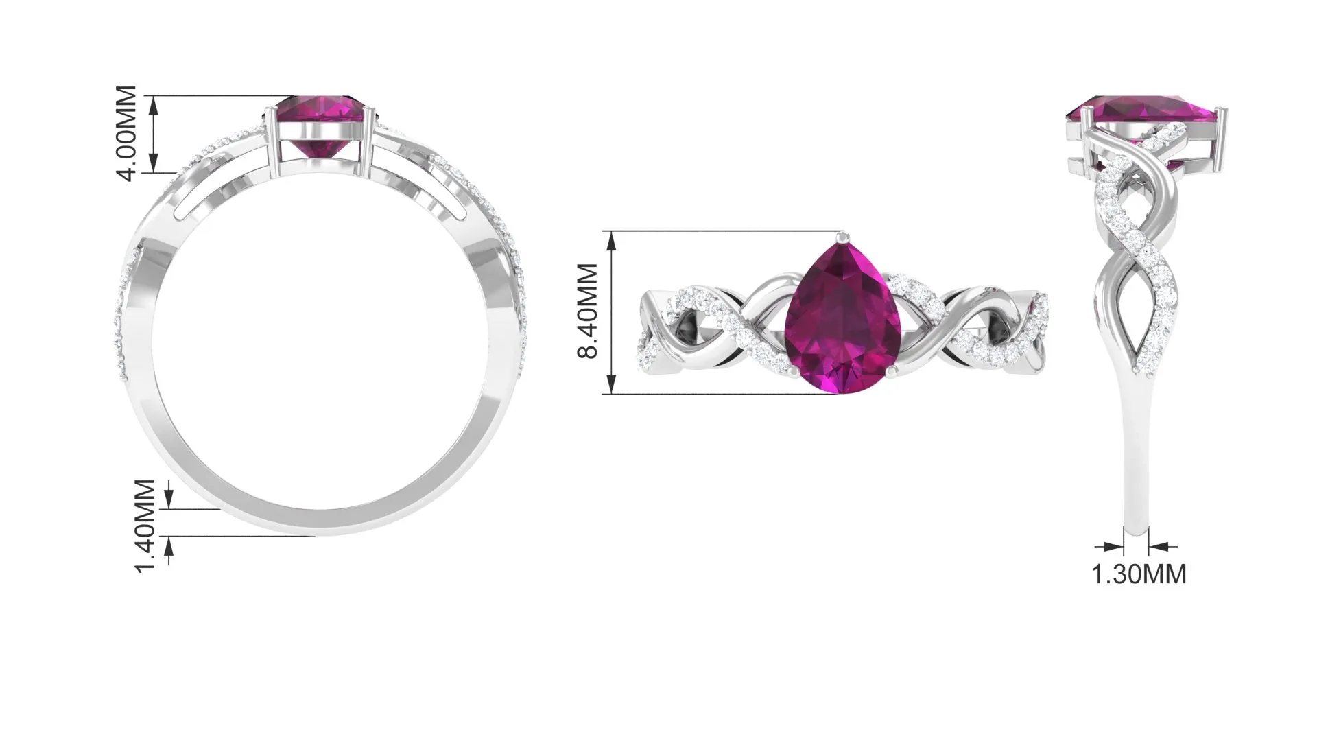 Infinity Shank Pear Cut Rhodolite and Diamond Solitaire Engagement Ring