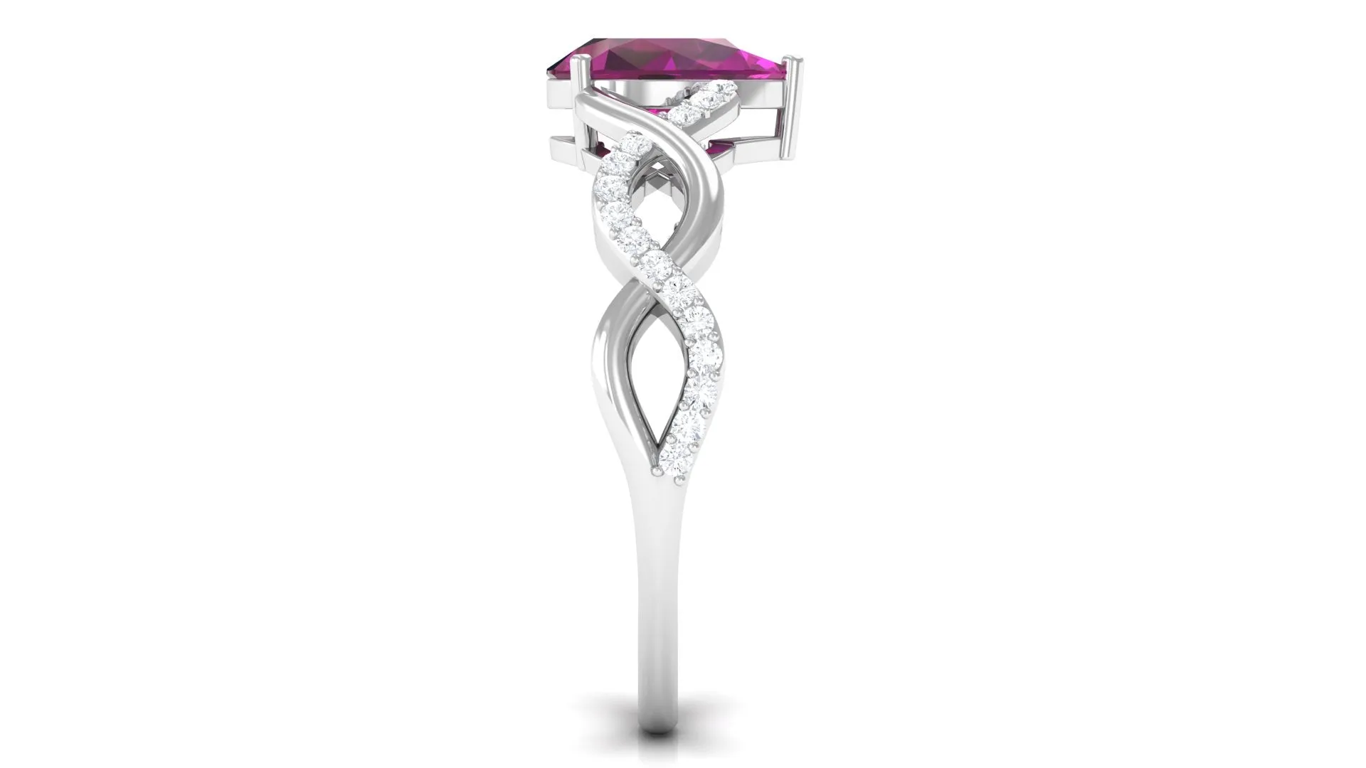 Infinity Shank Pear Cut Rhodolite and Diamond Solitaire Engagement Ring