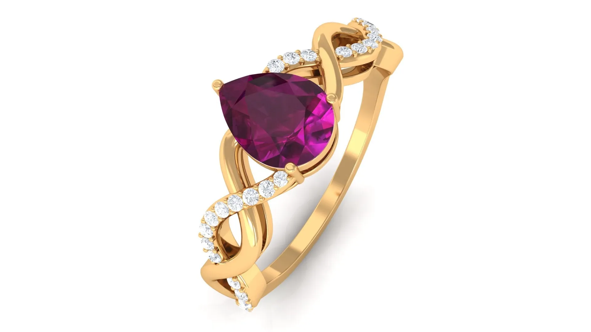 Infinity Shank Pear Cut Rhodolite and Diamond Solitaire Engagement Ring