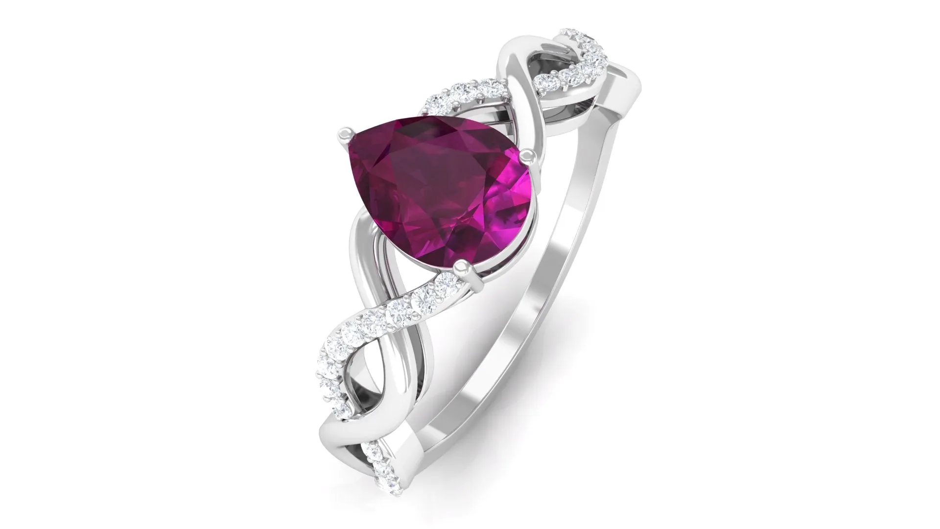 Infinity Shank Pear Cut Rhodolite and Diamond Solitaire Engagement Ring