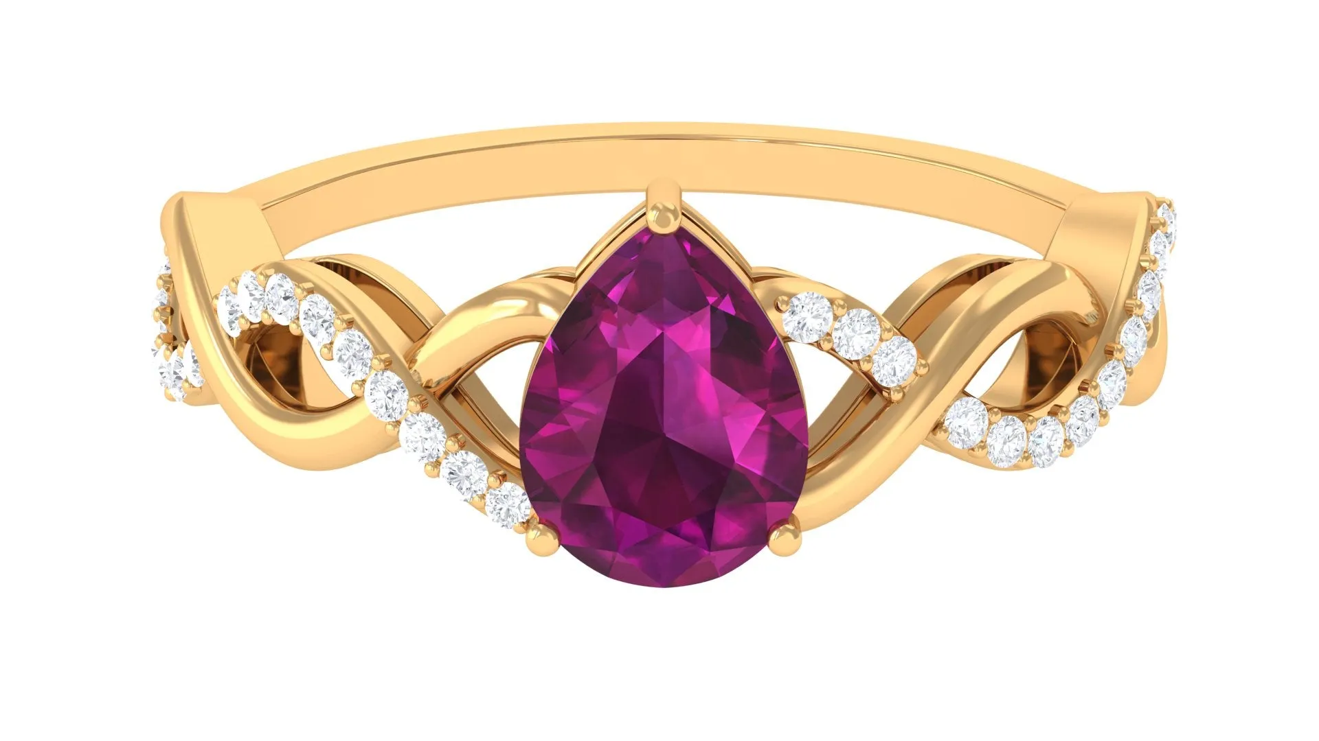 Infinity Shank Pear Cut Rhodolite and Diamond Solitaire Engagement Ring