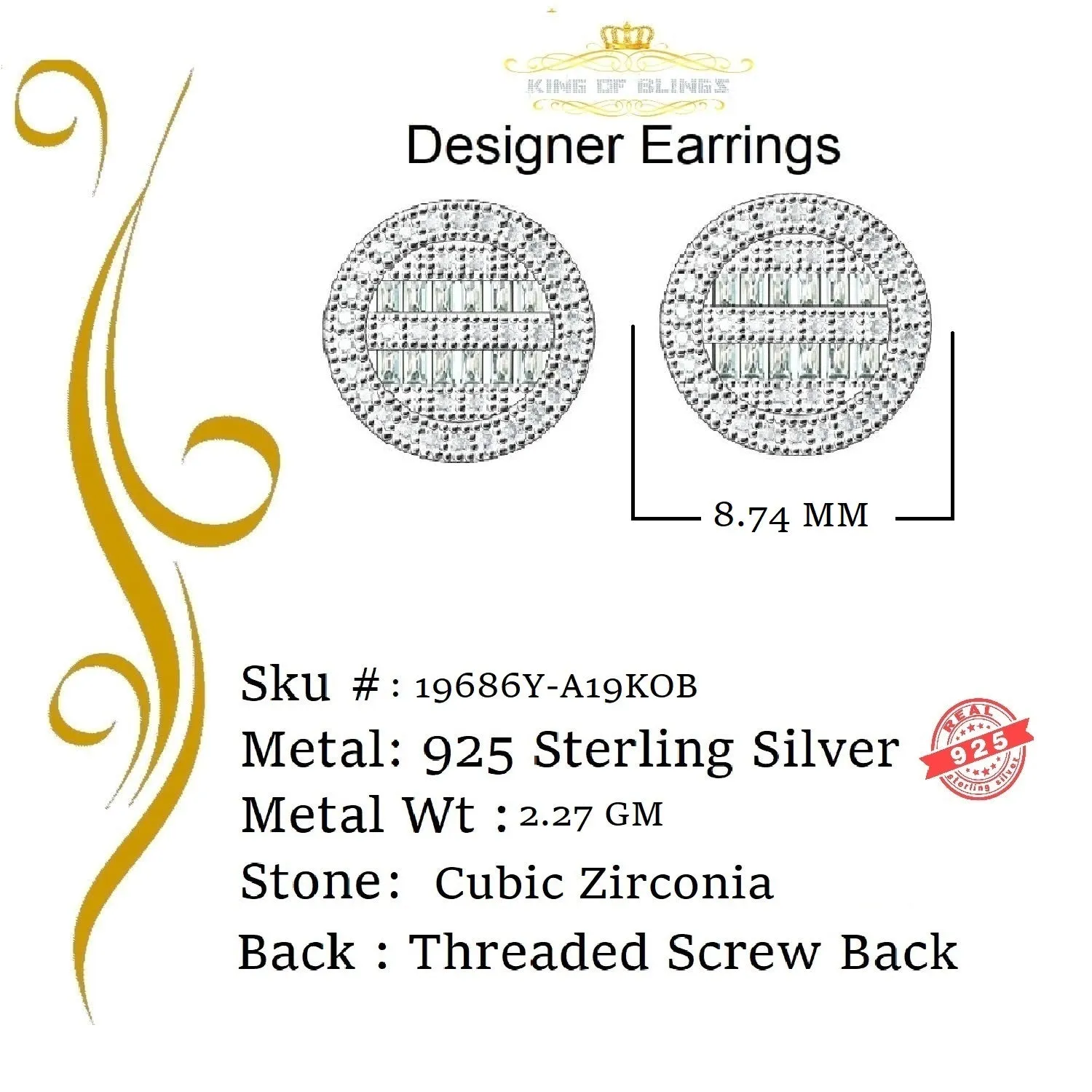 King of Bling's 0.91ct Cubic Zirconia Hip Hop Screw Back Yellow Silver Women's & Men's Earrings