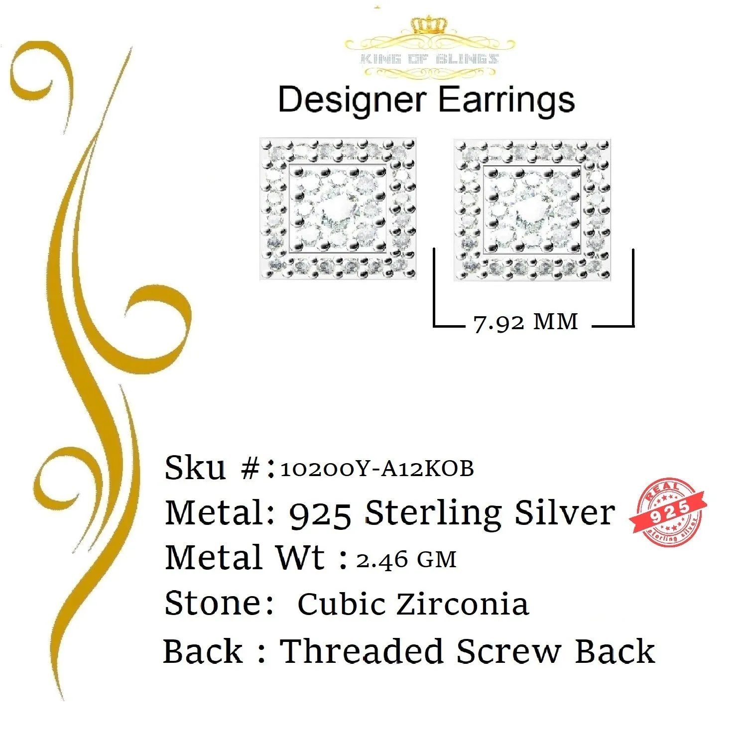 King of Bling's 1.2ct Cubic Zirconia 925 Yellow Silver Women's & Men's Hip Hop Square Earrings