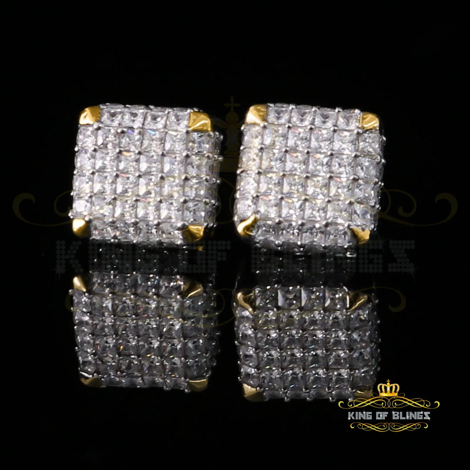 King of Bling's 1.95ct Cubic Zirconia 925 Yellow Silver Women & Men Hip Hop Square Earrings