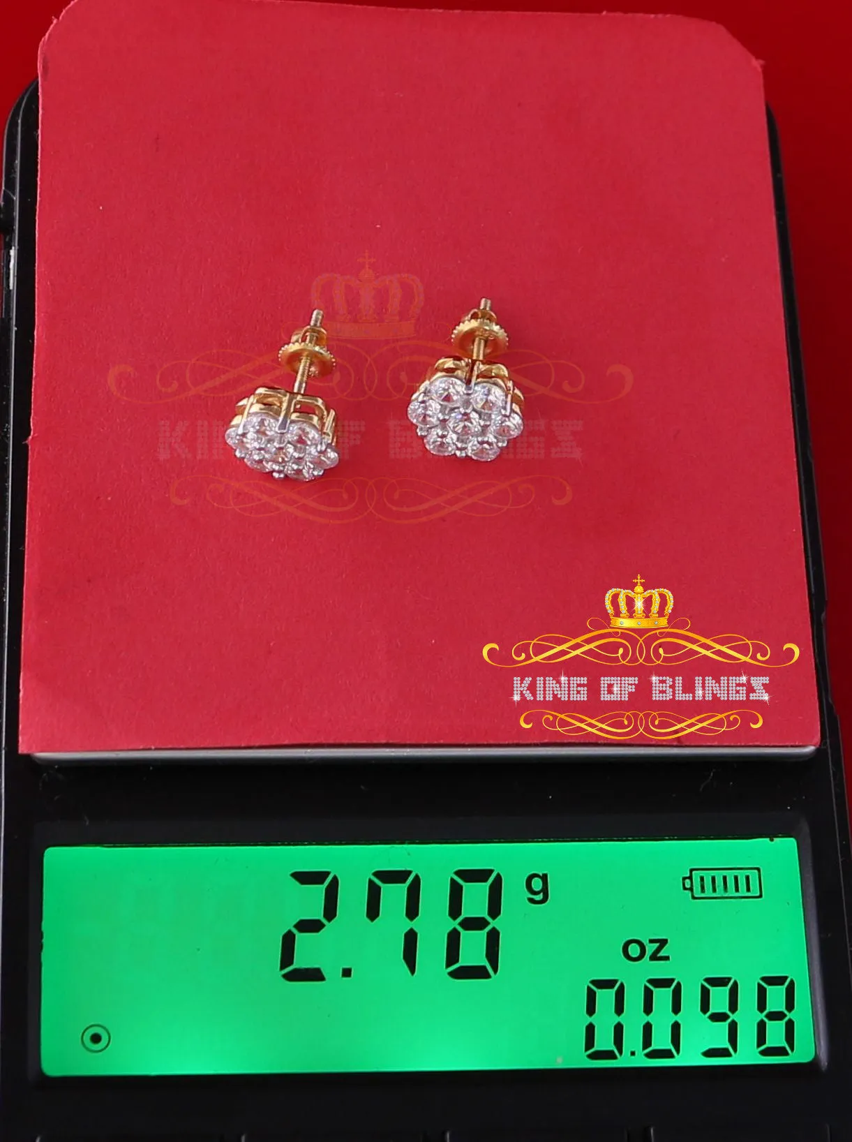 King of Bling's 2.66ct Cubic Zirconia 925 Yellow Silver Women's & Men's Hip Hop Floral Earrings