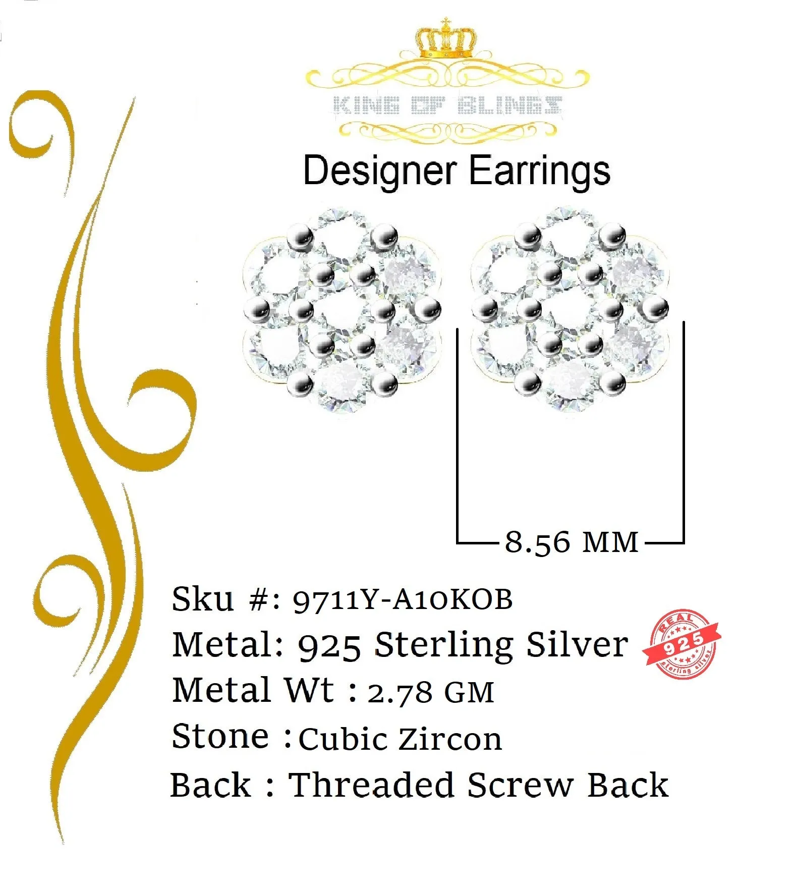 King of Bling's 2.66ct Cubic Zirconia 925 Yellow Silver Women's & Men's Hip Hop Floral Earrings