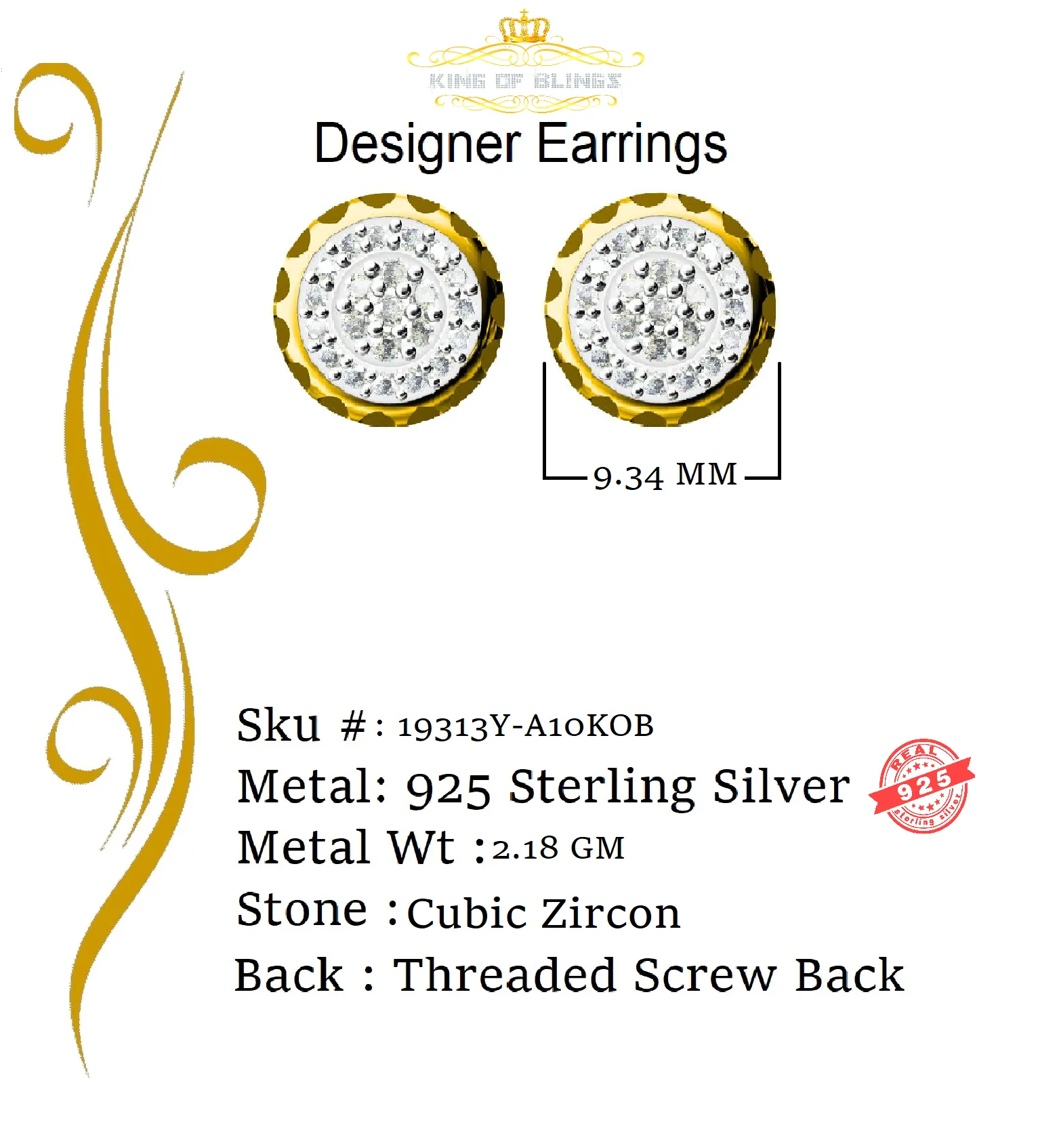 King of Bling's 3.45ct Cubic Zirconia 925 Yellow Silver Women's & Men's Hip Hop Round Earrings