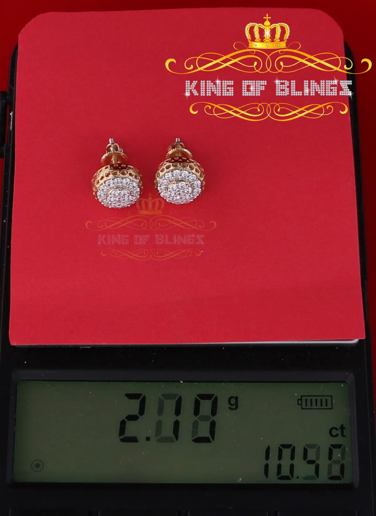 King of Bling's 3.45ct Cubic Zirconia 925 Yellow Silver Women's & Men's Hip Hop Round Earrings