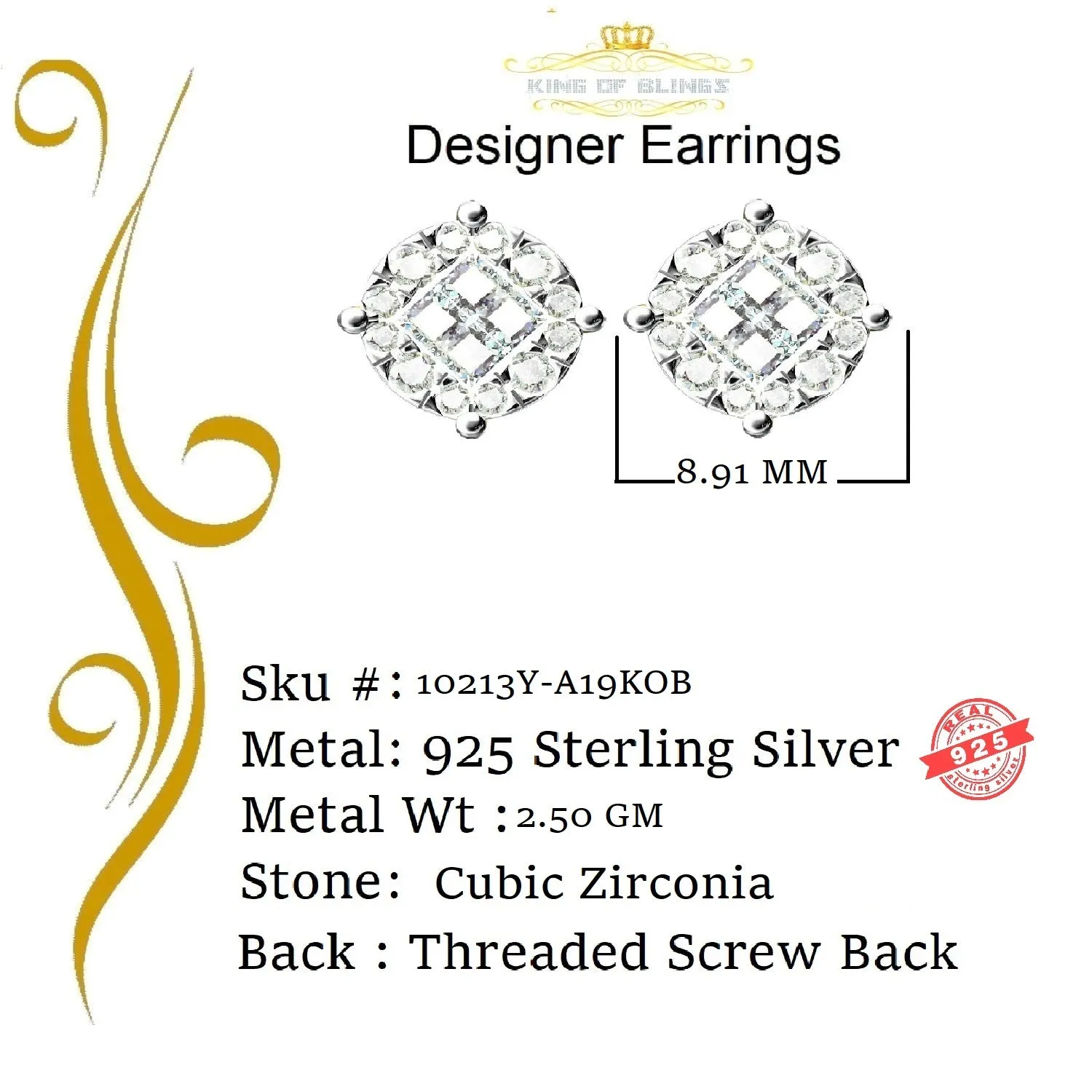 King of Bling's 925 Yellow Silver Screw Back 1.44ct Cubic Zirconia Round Earrings For Ladies