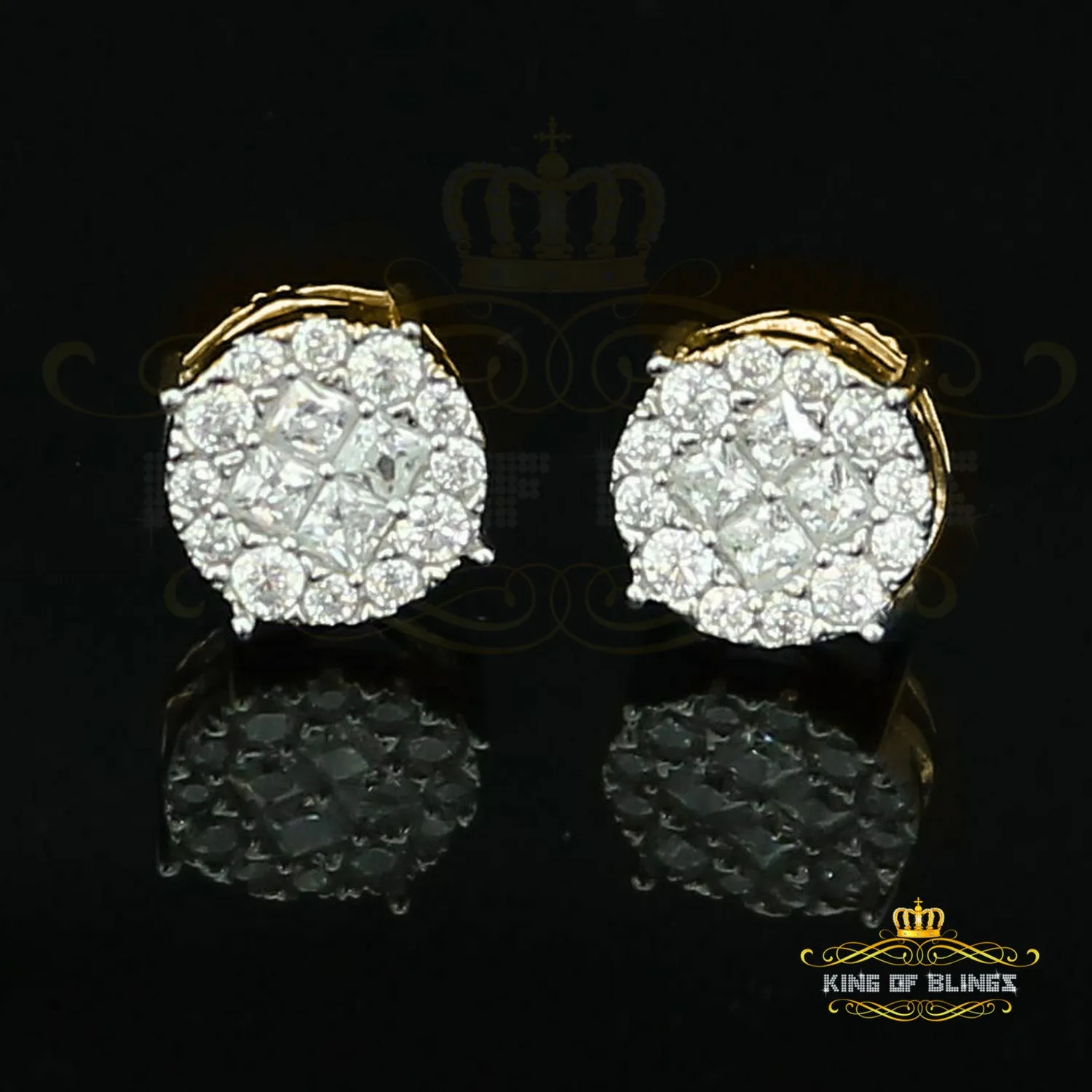 King of Bling's 925 Yellow Silver Screw Back 1.44ct Cubic Zirconia Round Earrings For Ladies