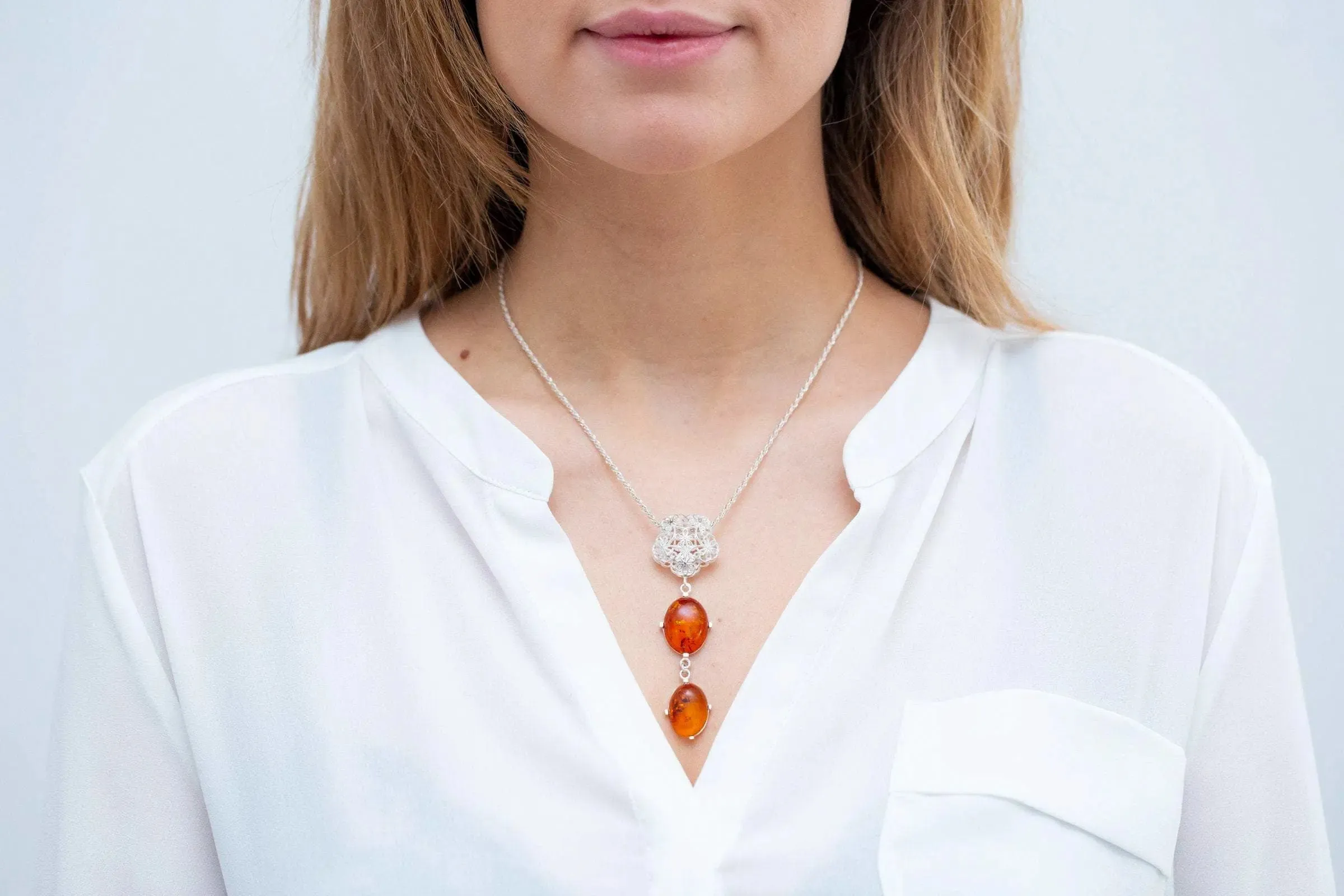 Long Amber Drop Y Necklace