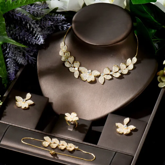 Luxurious Micro Paved White CZ Stones Flower Petals Five Piece Wedding Jewelry Set