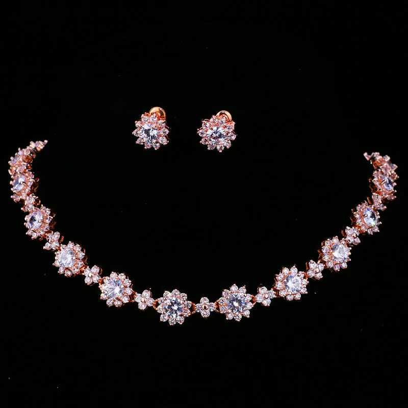 Luxury Colors Abound Cubic Zircon Crystal Bridal Jewelry Set with Necklace and Earrings