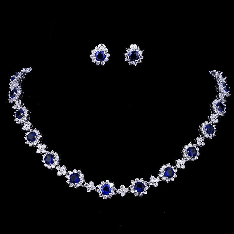 Luxury Colors Abound Cubic Zircon Crystal Bridal Jewelry Set with Necklace and Earrings