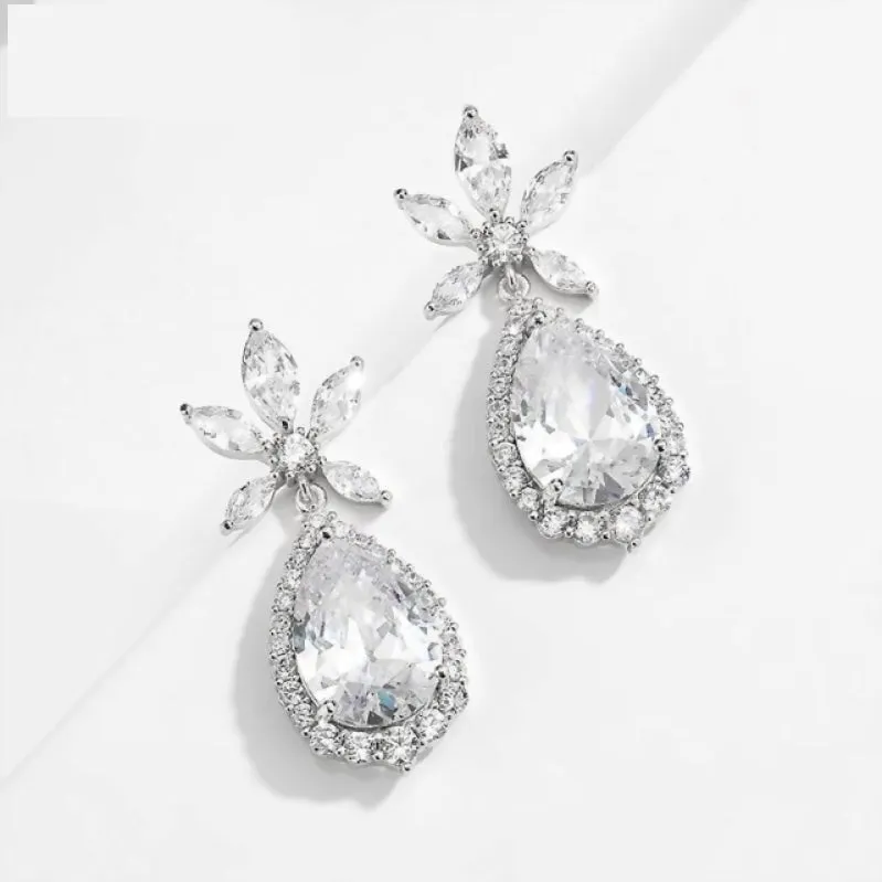 Luxury Long Cubic Zirconia Big Water Drop Dangle Bridal Earrings