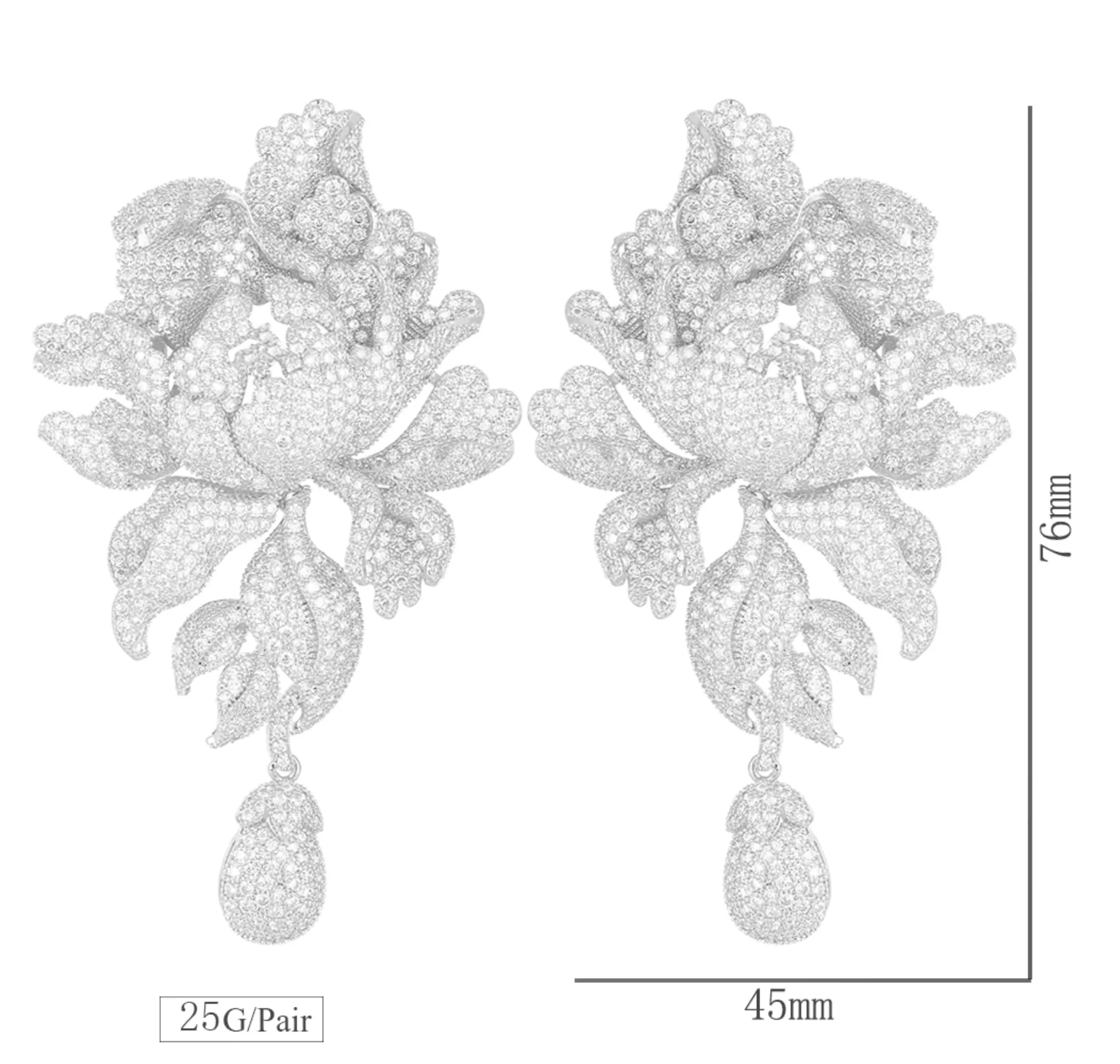 Luxury Peony Flower Blossom Cubic Zirconia Long Drop Wedding Bridal Earrings