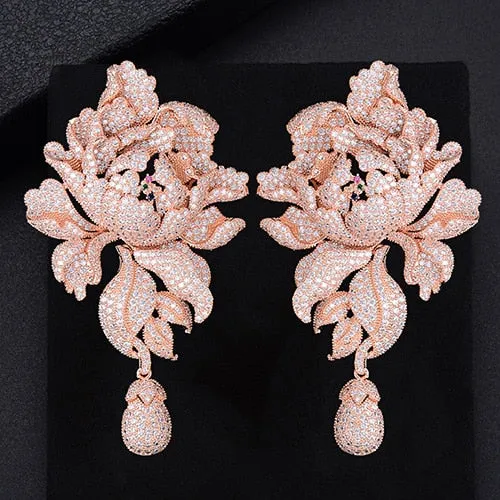 Luxury Peony Flower Blossom Cubic Zirconia Long Drop Wedding Bridal Earrings