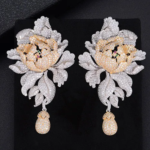 Luxury Peony Flower Blossom Cubic Zirconia Long Drop Wedding Bridal Earrings