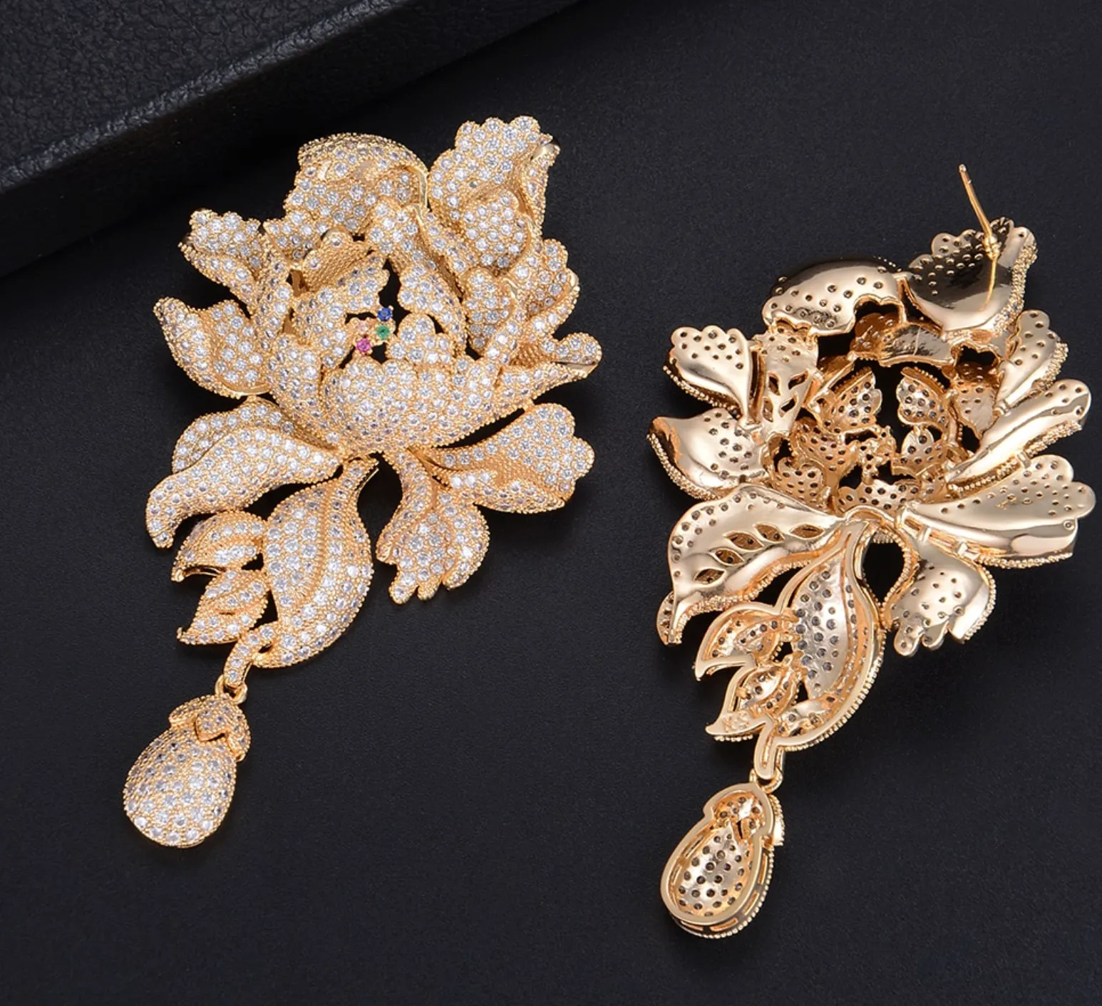 Luxury Peony Flower Blossom Cubic Zirconia Long Drop Wedding Bridal Earrings