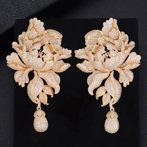 Luxury Peony Flower Blossom Cubic Zirconia Long Drop Wedding Bridal Earrings